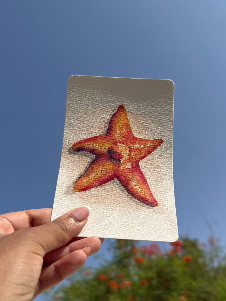 Colourful Dubai coastal mini watercolour painting inspired by ocean views, beaches and UAE skyline, small A6 artwork by Dubai artist.