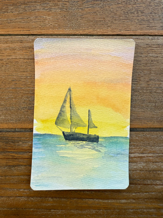 Sunrise Drift – A6 Ocean Watercolour with Boat Silhouette