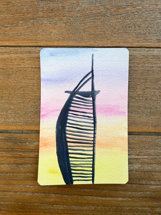Golden Hour at the Burj Al Arab – A6 Watercolour Painting